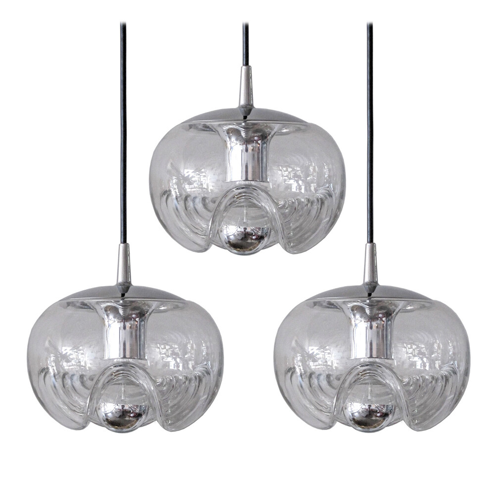Set of Three Clear Glass Hanging Lights, 1970